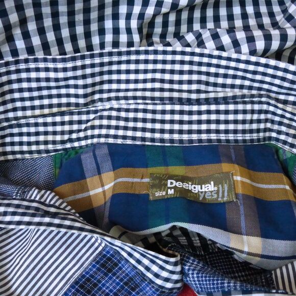Desigual Shirt Mens M Patchwork Plaid Gingham Mixed Print Button Retro Preppy - Picture 11 of 15